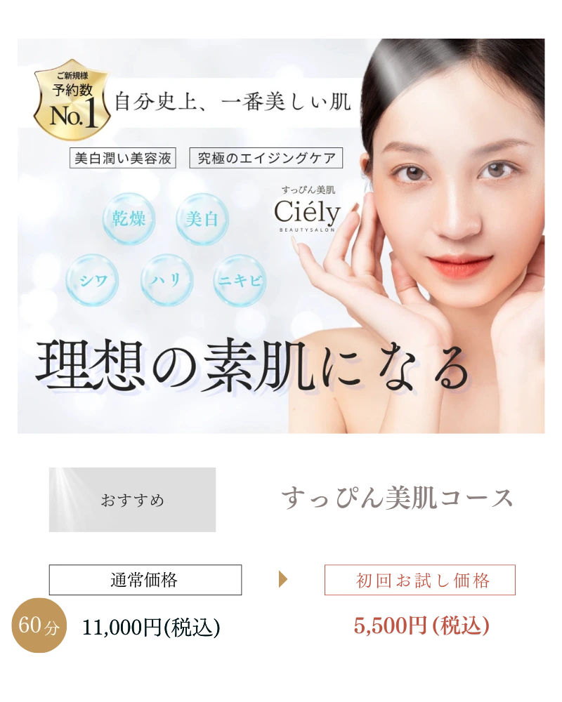 乾燥・美白・シワ・ハリ・ニキビに対応するエイジングケア美容液を使用した『すっぴん美肌コース』の紹介。通常価格11,000円(税込)のところ、初回お試し価格は5,500円(税込)。理想の素肌になれる60分コース